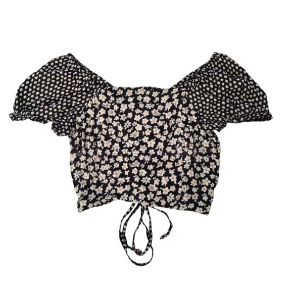 Angie Black Floral Lace Up Back Boho Cropped Top Medium - Picture 5 of 10
